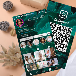 Instagram Cute Green Marble QR Code Social Media  Business Card