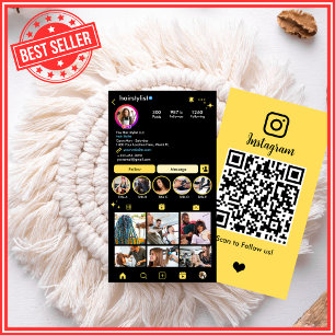 Instagram Hair Stylist Yellow QR Code Social Media Business Card