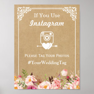 Instagram Hashtag Wedding Sign   Floral Kraft