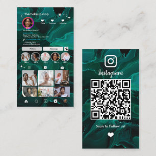 Instagram Modern Green Marble QR Code Social Media Business Card