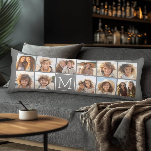 Instagram Photo Collage Custom Monogram Charcoal Body Cushion (Custom Body Pillow)