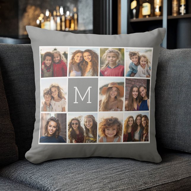 Instagram Photo Collage Custom Monogram Charcoal Cushion (Custom Photo Collage Pillow)