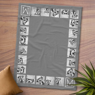 Instagram Photo Collage Custom Monogram Charcoal Fleece Blanket
