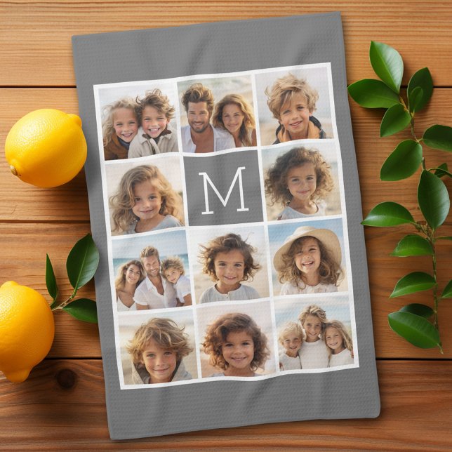 Instagram Photo Collage Custom Monogram Charcoal Tea Towel (11 Photo Personalized Kitchen Towel)