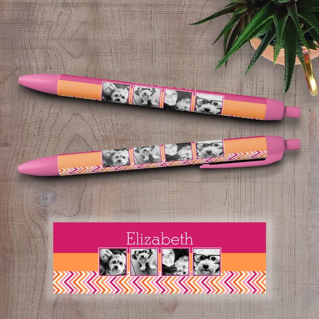 Instagram Photo Collage Hot Pink Orange Chevrons Black Ink Pen (Personalized Writing Pen with Photos and Text - Custom Pens)