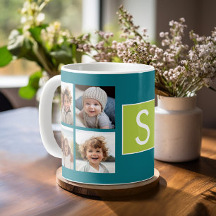 Instagram Photo Collage Monogram - Blue and Lime Coffee Mug