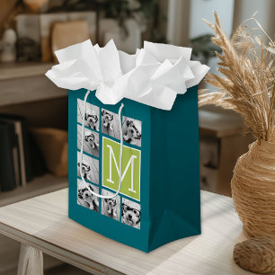 Instagram Photo Collage Monogram - Blue and Lime Medium Gift Bag