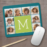 Instagram Photo Collage Monogram - Blue and Lime Mouse Mat<br><div class="desc">Vibrant Green and a Rich Teal Blue Background - You can use square or selfie photos for this design. Use 8 square photos to create a unique and personal gift. Or you can keep the hipster puppy and make a trendy keepsake. If you need to adjust the pictures, click on...</div>
