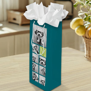 Instagram Photo Collage Monogram - Blue and Lime Wine Gift Bag