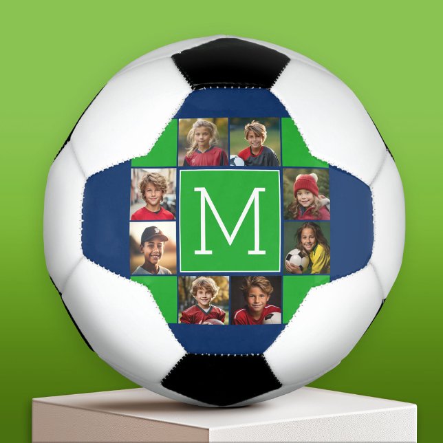 Instagram Photo Collage Monograms - Green Navy Football (Custom Soccer Ball)