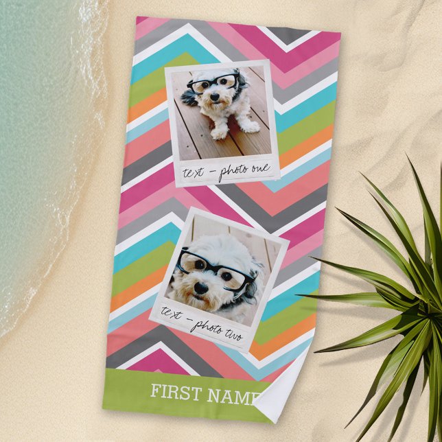 Instagram Photo Collage with Colourful Chevrons Beach Towel (Personalized Beach Towel with Photos and Text)