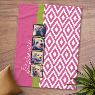 Instagram Photo Collage with Ikat hot pink name Fleece Blanket