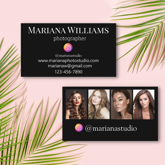 instagram photographer 4 photos collage black business card (Creator Uploaded)