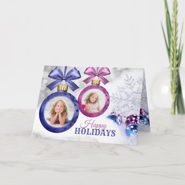 Instagram Photos Christmas Bauble Pink Purple Snow Card (Front)