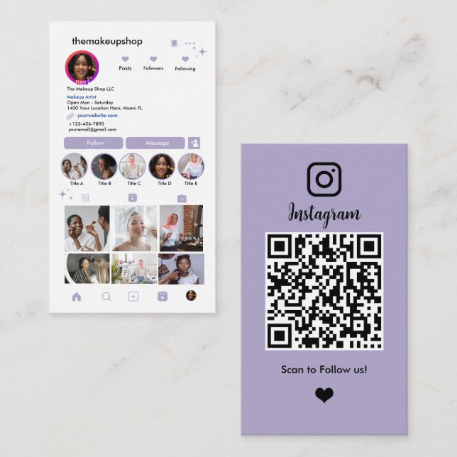 Instagram QR Code Social Media Lavender Business Card (Front/Back)