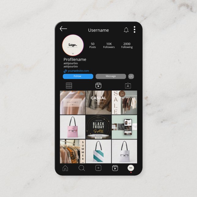 Instagram Social Media QR Code Black Business Card (Front)