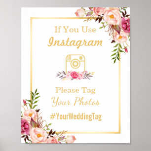 Instagram Wedding Sign Elegant Chic Floral Gold
