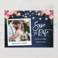 Instant Camera Blue Wood Pink Floral Save The Date