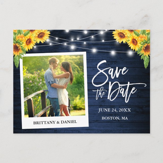 Instant Camera Blue Wood Sunflowers Save The Date Postcard (Front)