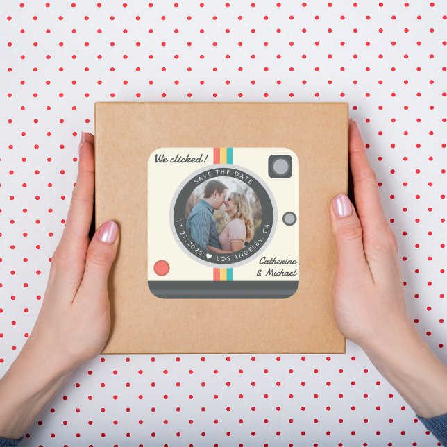 Instant Camera Couple Photo Unique Save The Date Square Sticker (Creator Uploaded)