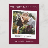Instant Camera Photo Wedding Announcement Burgundy