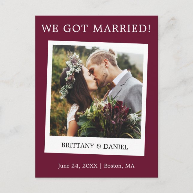 Instant Camera Photo Wedding Announcement Burgundy Postcard (Front)