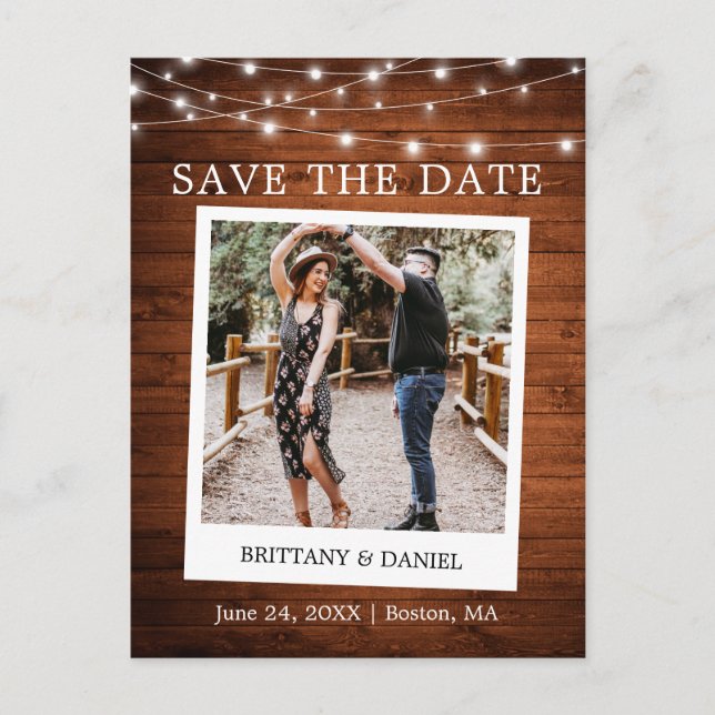 Instant Camera Photo Wood Lights Save The Date Postcard (Front)