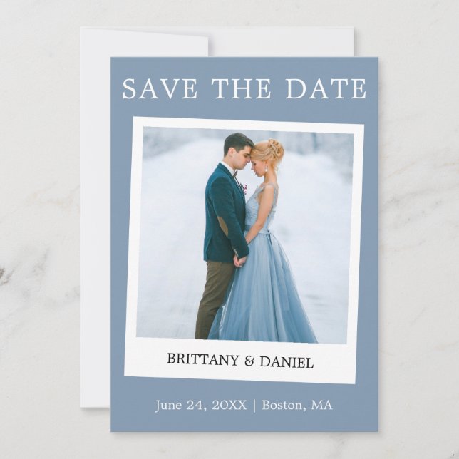 Instant Camera Style Couple Photo Dusty Blue Save The Date (Front)