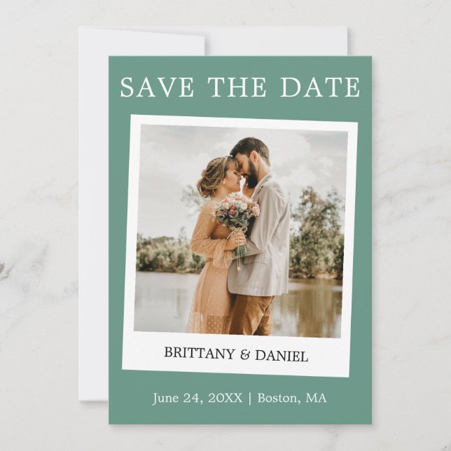 Instant Camera Style Couple Photo Eucalyptus Green Save The Date (Front)