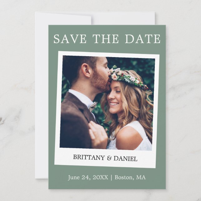 Instant Camera Style Couple Photo Sage Green Save The Date (Front)