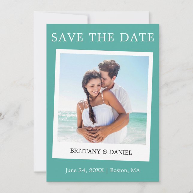 Instant Camera Style Couple Photo Teal Save The Date (Front)