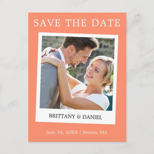 Instant Camera Style Photo Save The Date Coral Postcard (Front)