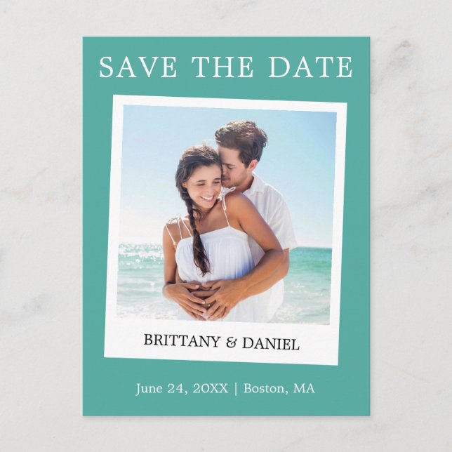 Instant Camera Style Photo Save The Date Teal Postcard (Front)