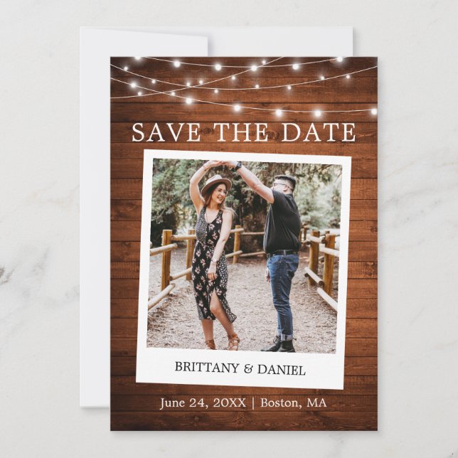 Instant Camera Style Photo Wood Lights Save The Date (Front)