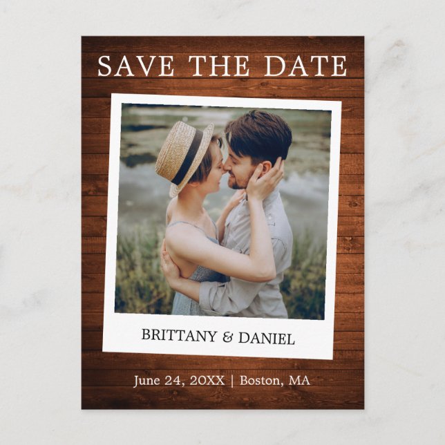 Instant Camera Style Photo Wood Save The Date Postcard (Front)