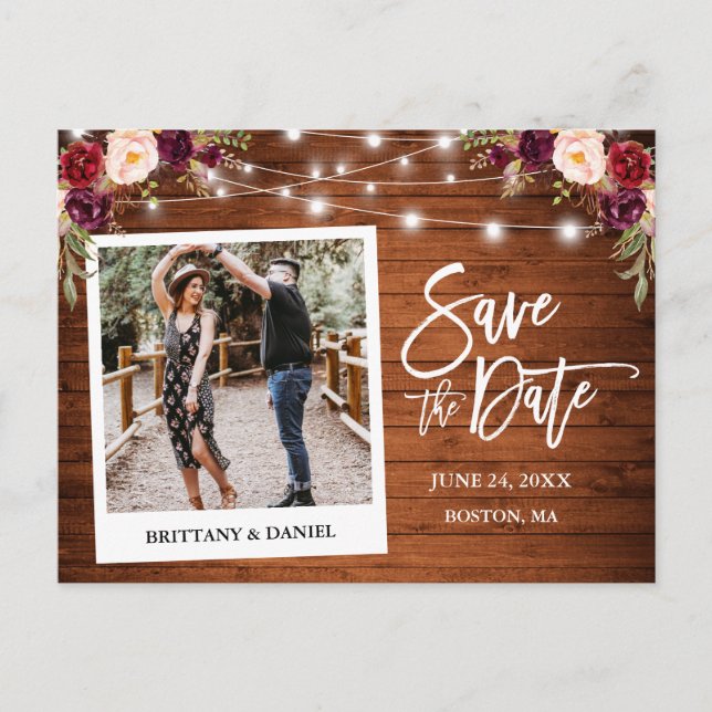 Instant Camera Wood Floral Lights Save The Date Postcard (Front)