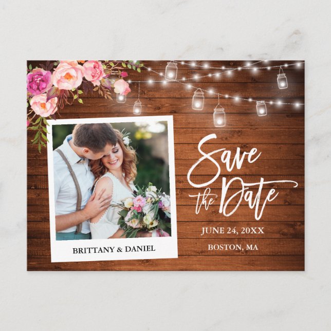 Instant Camera Wood Pink Floral Jars Save The Date Postcard (Front)