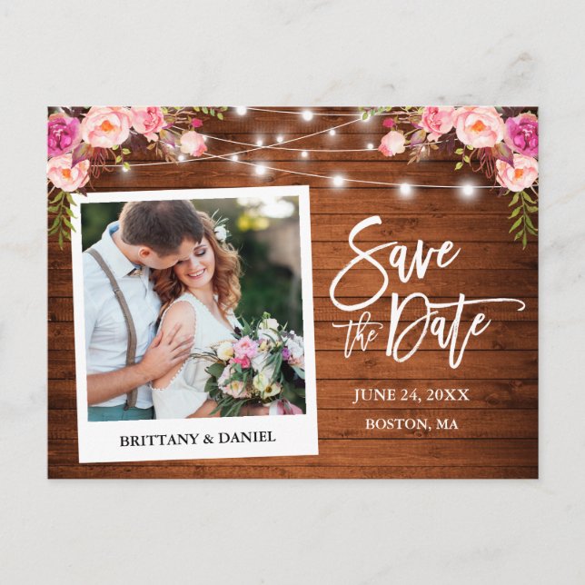 Instant Camera Wood Pink Floral Save The Date Postcard (Front)