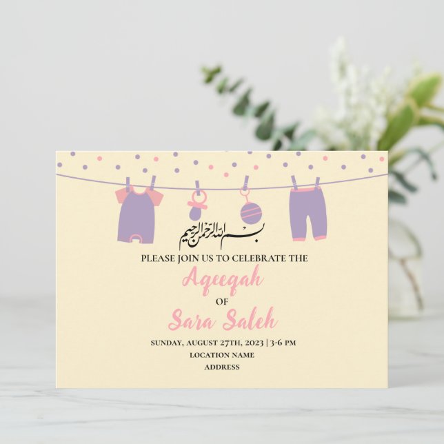 Instant Cute Yellow Aqiqah Girl Invitation Card (Standing Front)