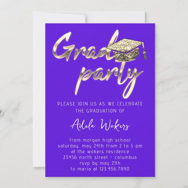 Instant Download Graduation Party Gold Cup Blue Invitation (Front)