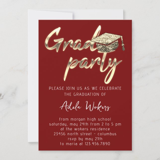 Instant Download Graduation Party Gold Cup Burgund Invitation (Front)
