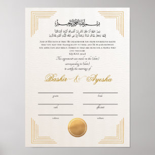 Instant Modern Gold Nikkah Marriage Certificate Poster