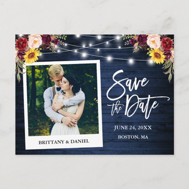 Instant Photo Floral Blue Wood Save The Date Postcard (Front)