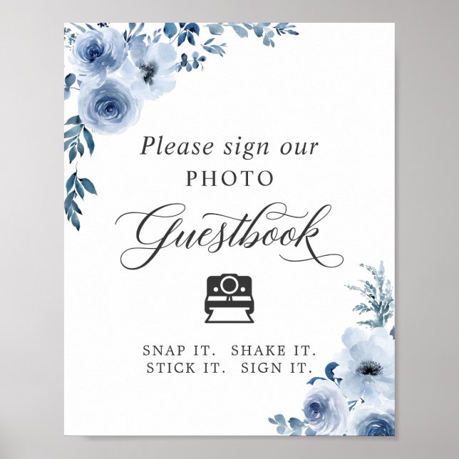 Instant Photo Guestbook Sign Dusty Blue Floral (Front)
