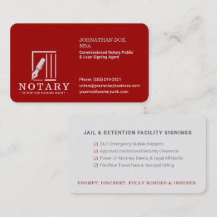 Institutional Mobile Notary Jail Prison Signings Business Card