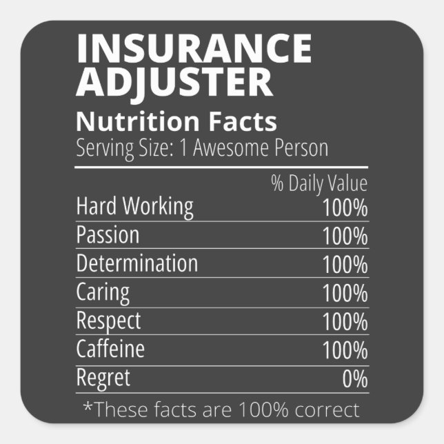 Insurance Adjuster Nutrition Facts Funny Square Sticker (Front)