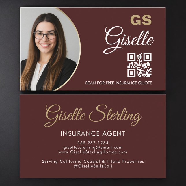 Insurance Agent Burgundy Gold Photo QR Code  Business Card (Creator Uploaded)