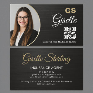 Insurance Agent Metallic Black Photo QR Code Business Card