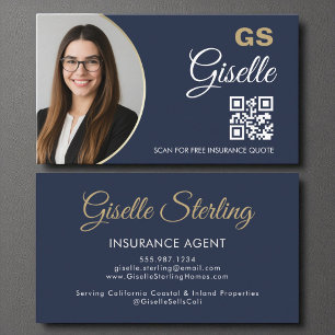 Insurance Agent Navy Blue Gold Photo QR Code  Business Card