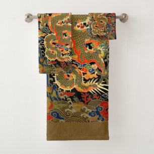 intage Chinese Dragon Textile Print Asian Art Bath Towel Set